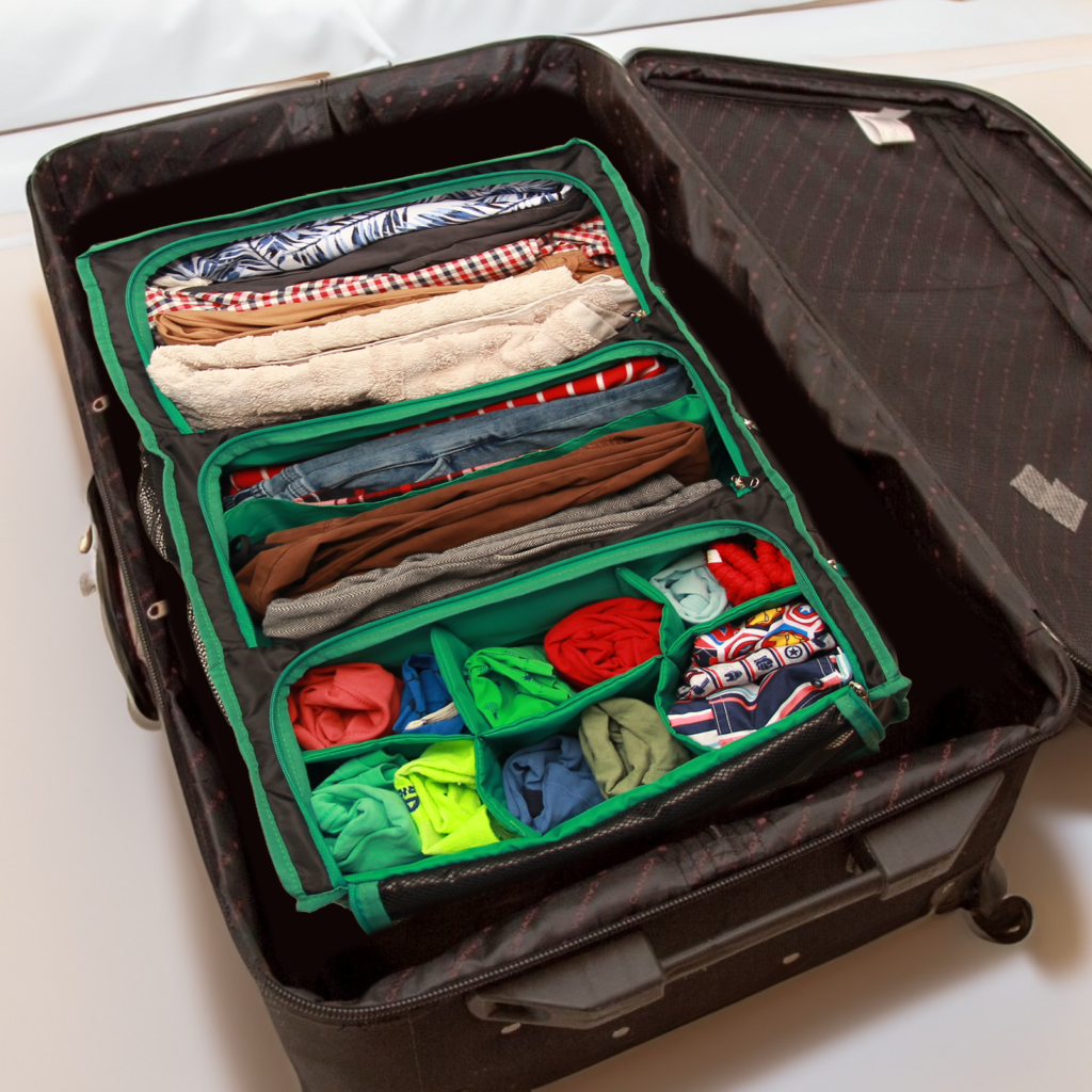 Suitcase and luggage organizer with hanger inside a large suitcase